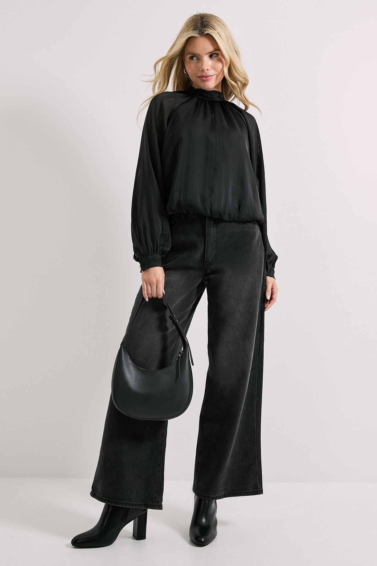 Dorothy Perkins Tie Neck Blouson Sleeve Satin Burnout Blouse Black image 2