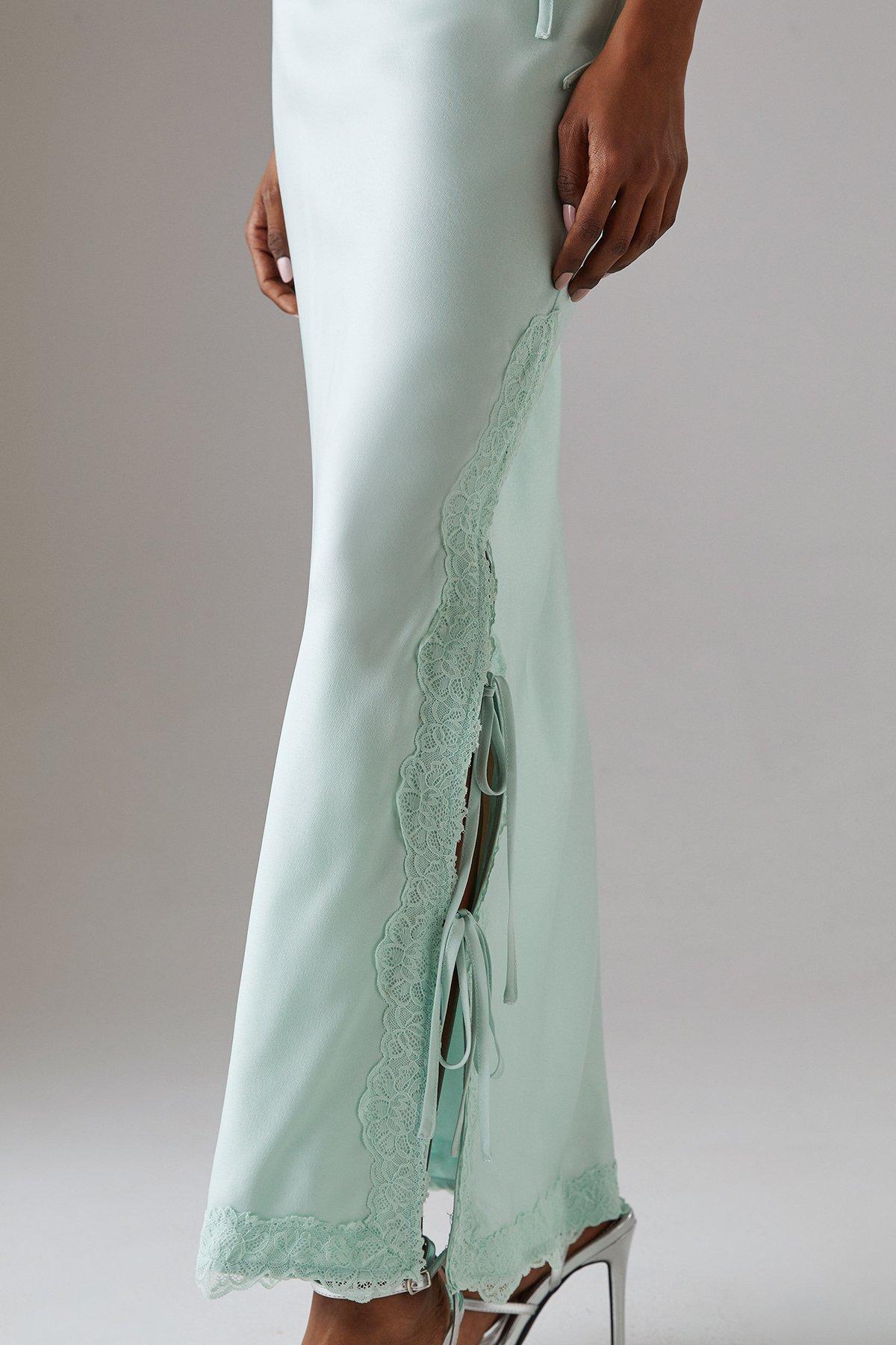 Warehouse Satin Lace Bias Midi Skirt Pale Blue image 4