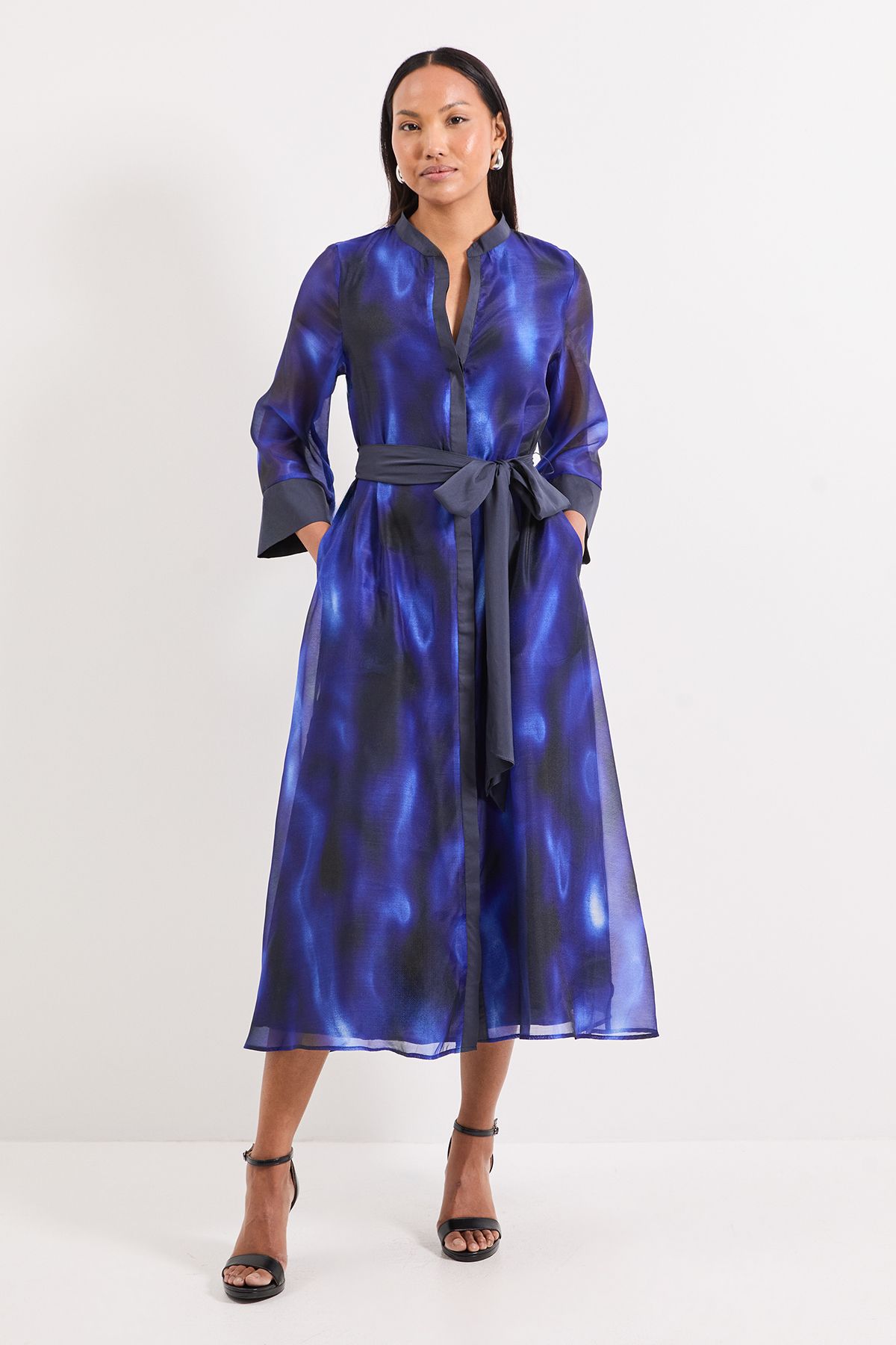Wallis Principles Abstract Organza Contrast Shirt Dress Blue