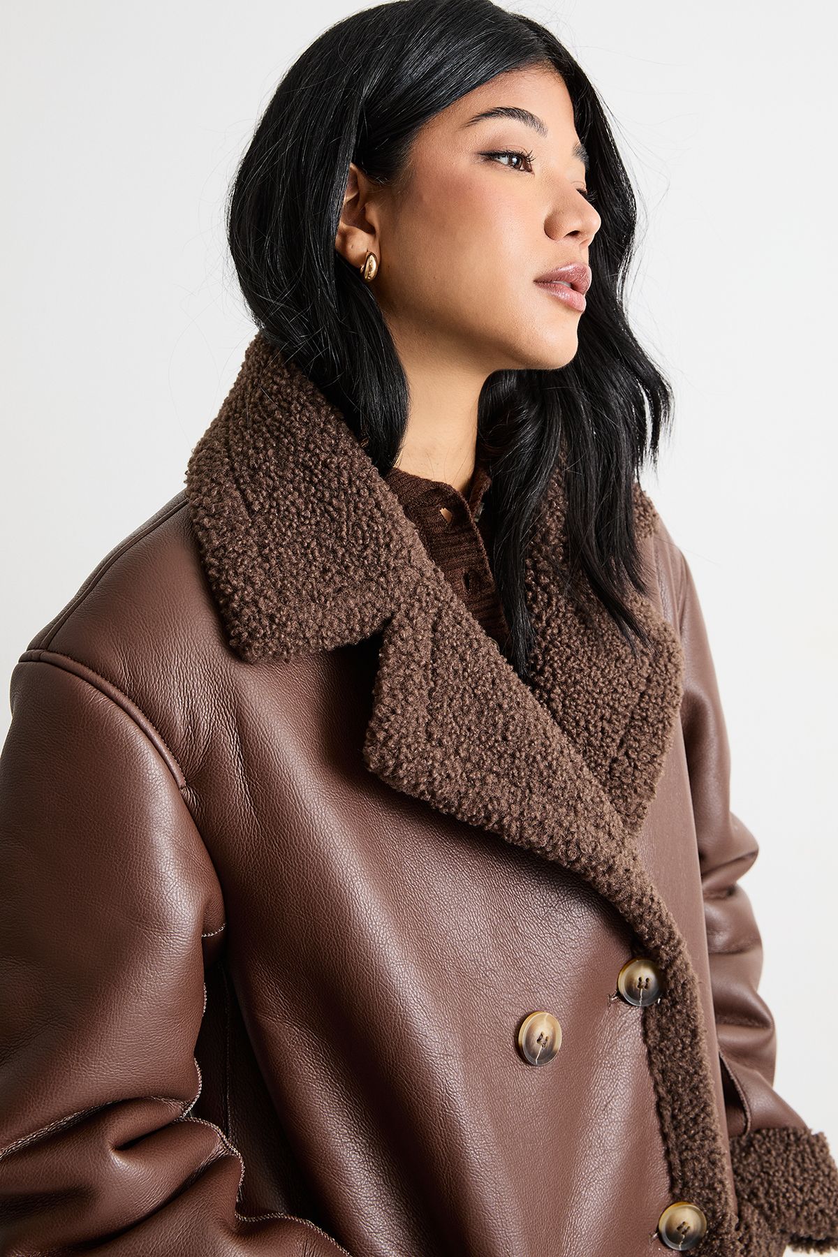 Warehouse Whipstitch Faux Leather Shearling Coat Chocolate image 2
