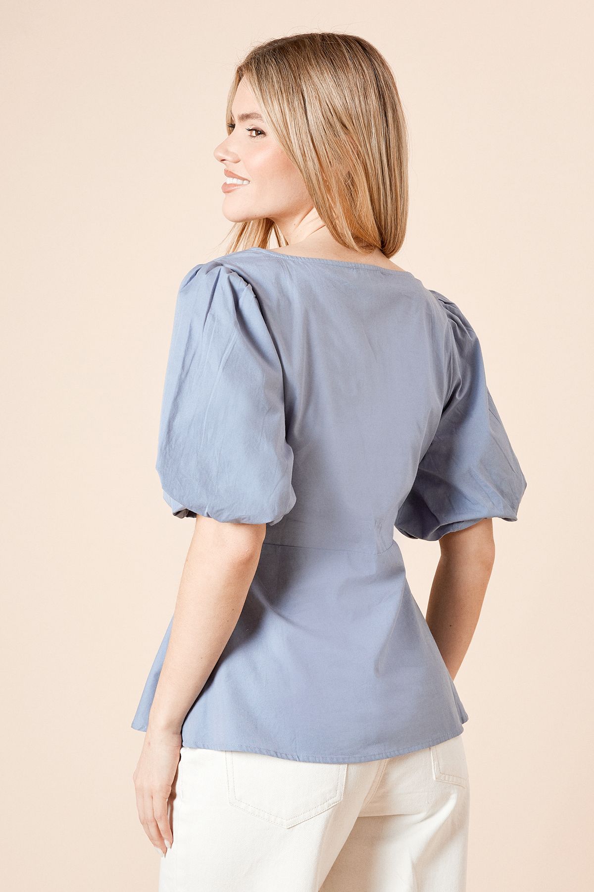 Dorothy Perkins Poplin Puff Sleeve Ruched Bodice Blouse Blue image 4