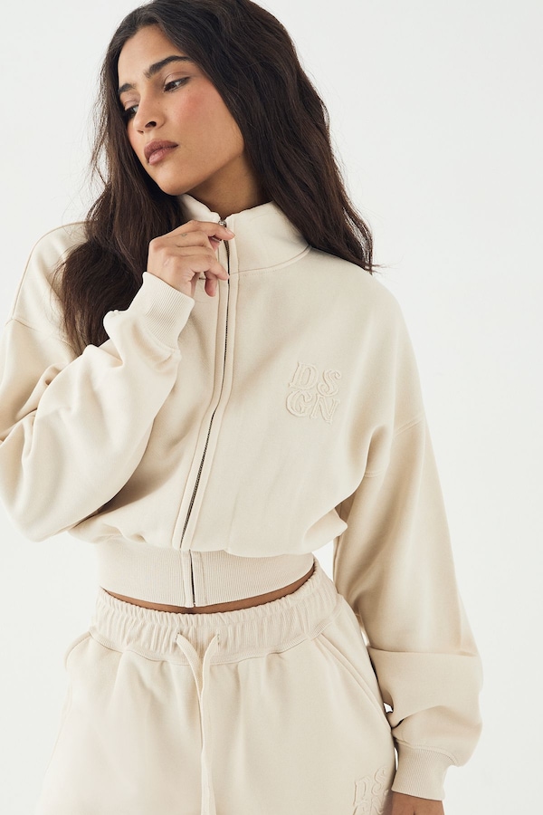 DSGN Studio DSGN Studio Self Fabric Applique Zip Through Funnel Neck Sweatshirt Stone