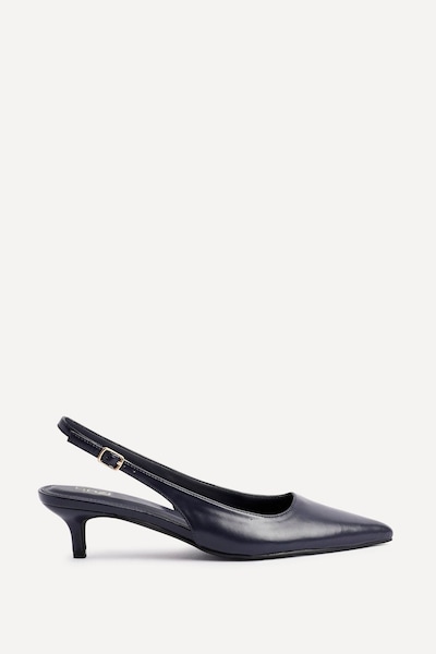 Linzi Elvira Navy Faux Leather Slingback Kitten Court Heels