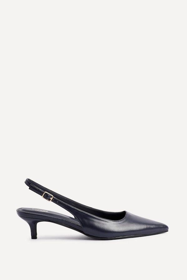 Linzi Elvira Navy Faux Leather Slingback Kitten Court Heels