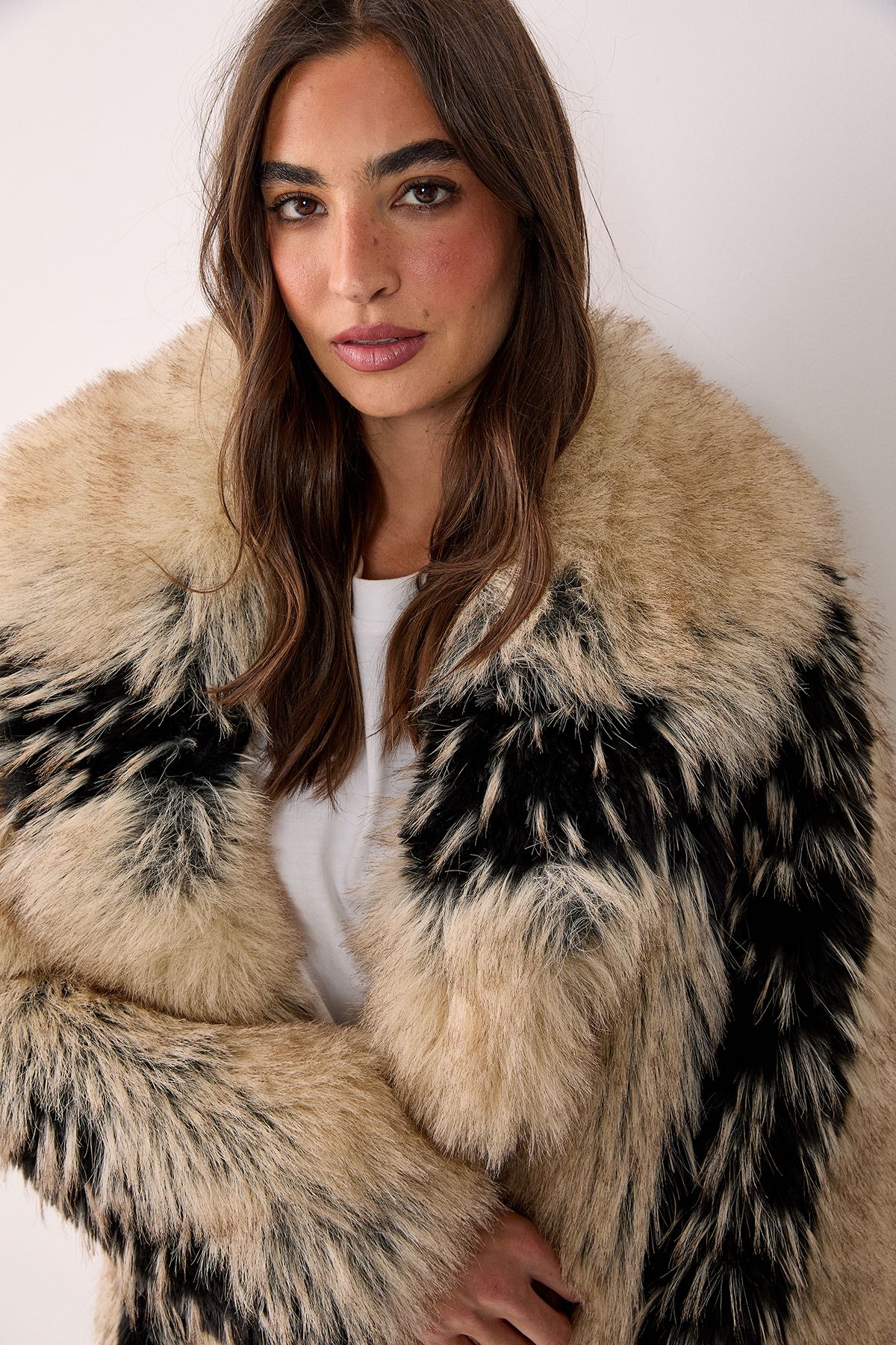 NastyGal Premium Stripe Faux Fur Longline Coat Brown image 2