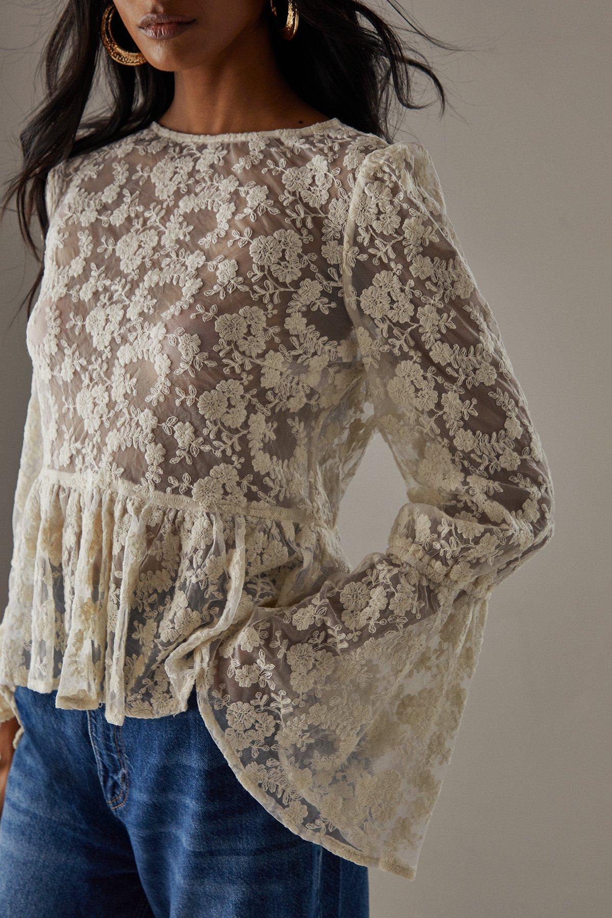sheer over flare blouse（ivory） Victorian Silky White Cream Ivory See Through Lace Mesh