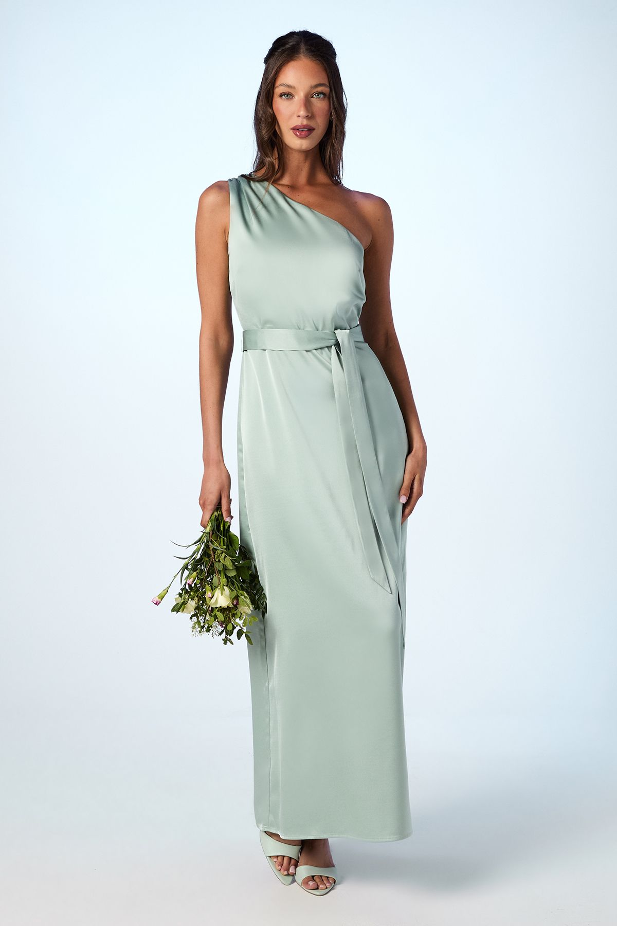 Oasis Oasis by Coast One Shoulder Satin Maxi Bridesmaid Dress Sage