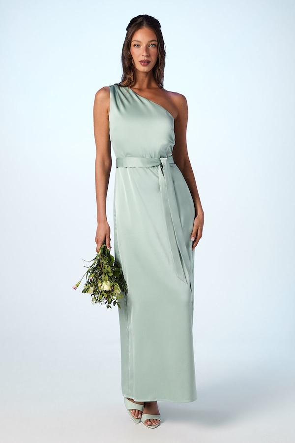 Oasis One Shoulder Satin Maxi Bridesmaid Dress Sage