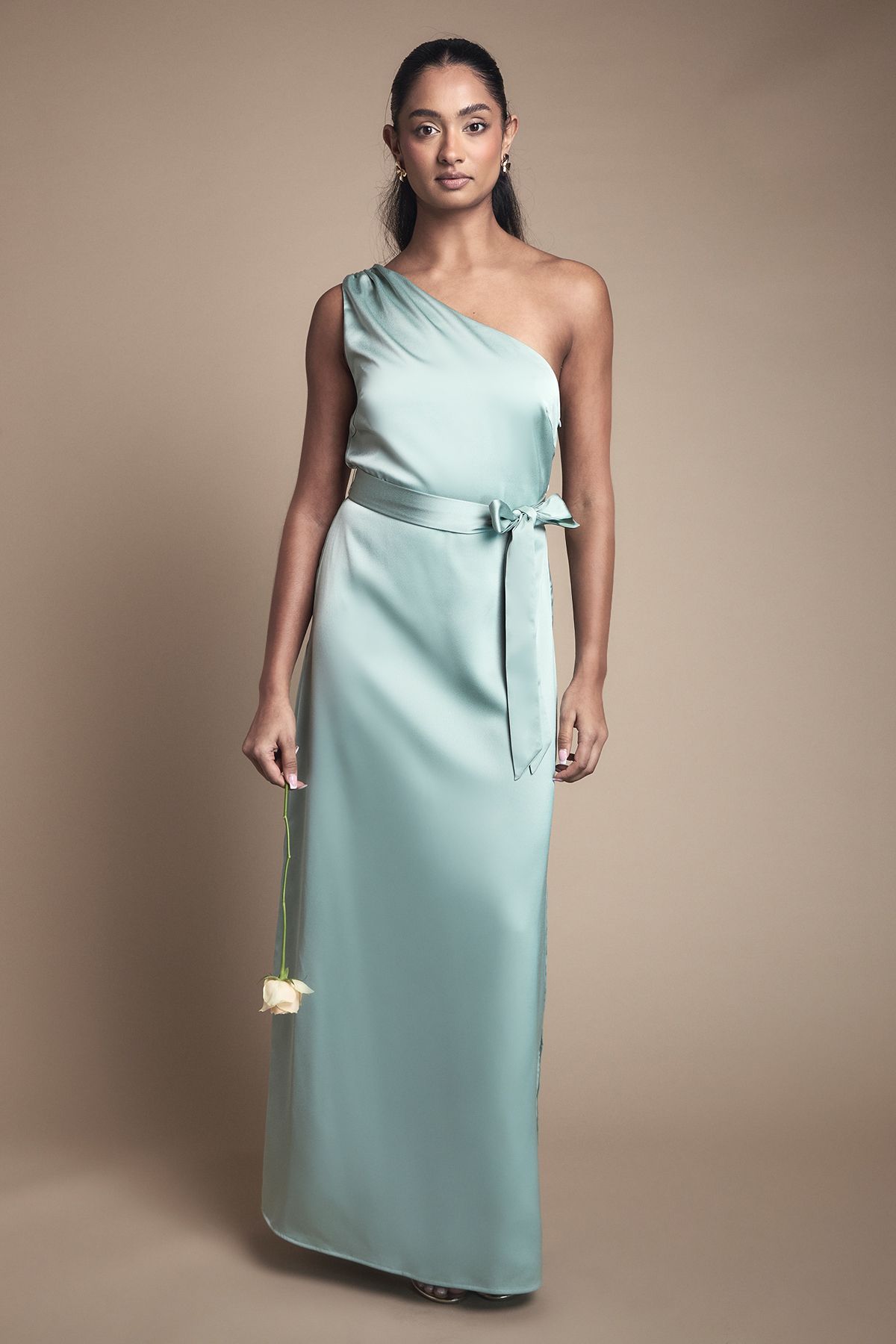 Oasis One Shoulder Satin Maxi Bridesmaid Dress Sage