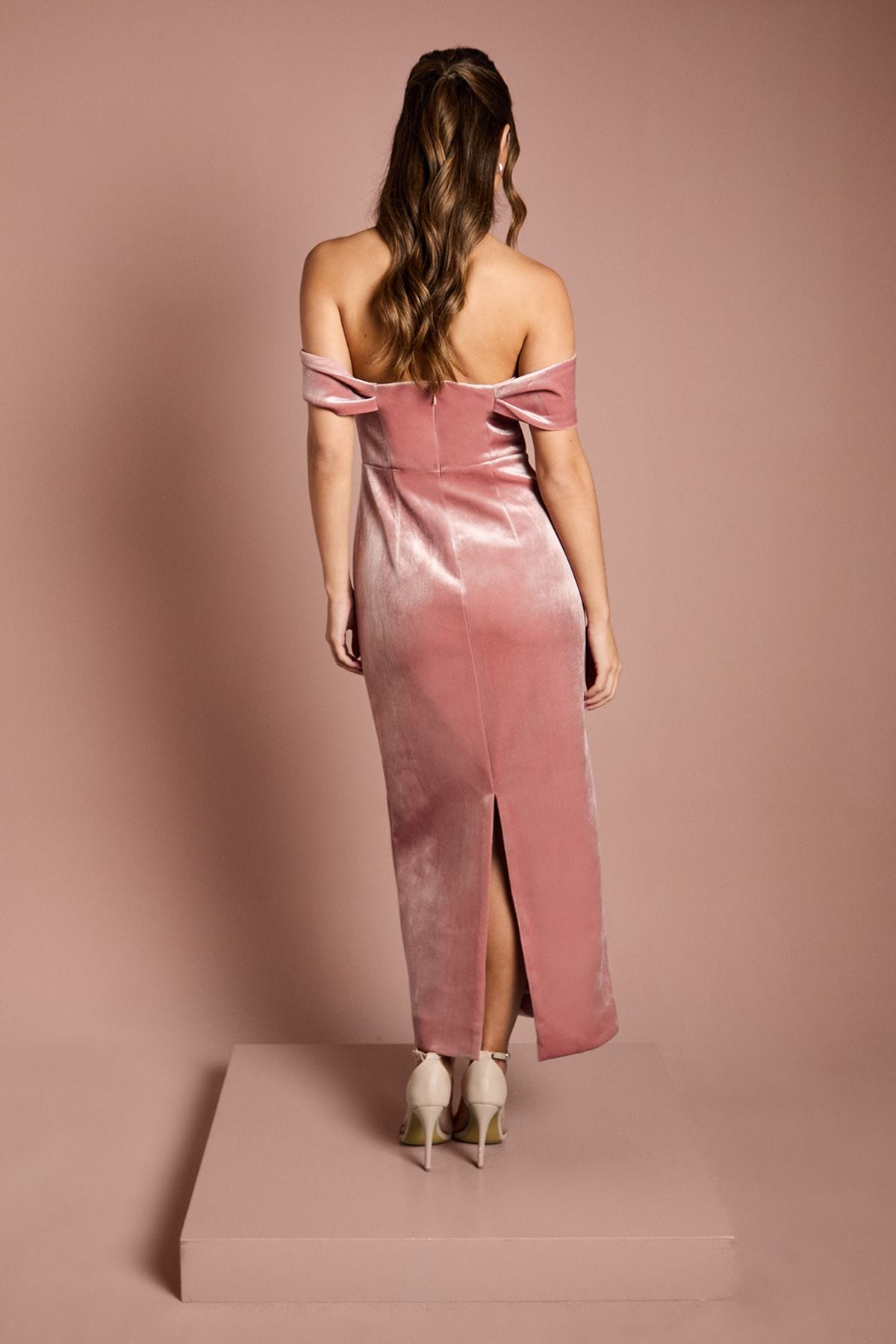 Coast Velvet Bardot Column Bridesmaid Maxi Dress Blush image 3