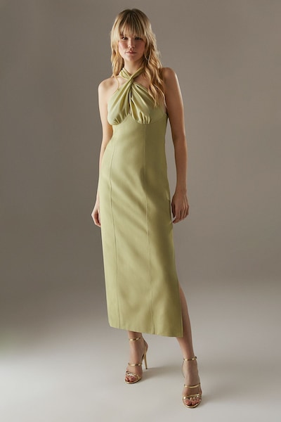 Warehouse Cross Front Georgette And Marl Suiting Midi Dress Pistachio