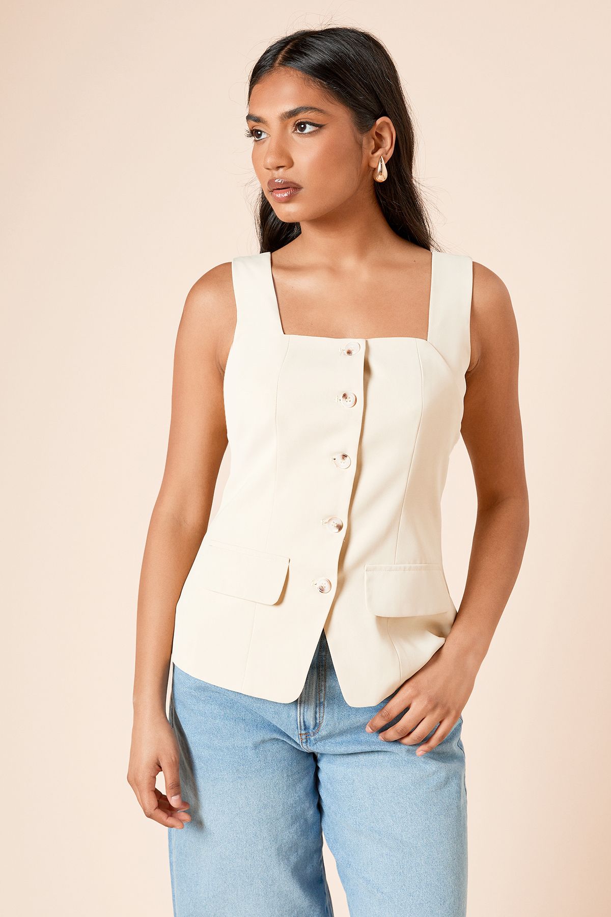 Dorothy Perkins Petite Longline Button Through Waistcoat Butter image 2