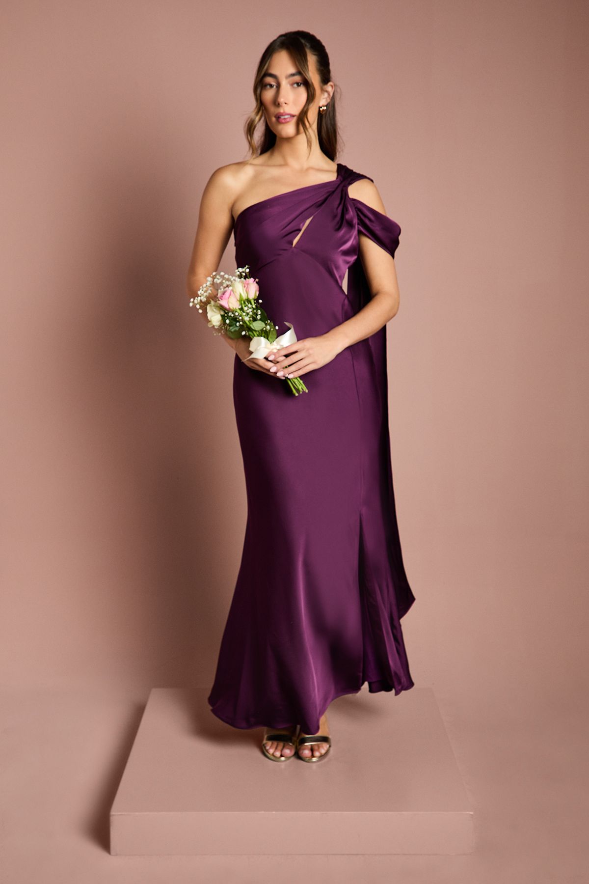 Coast Satin One Shoulder Fishtail Maxi Bridesmaid Dress with Drape Detail Grape