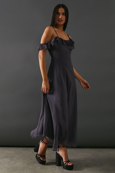 Warehouse Chiffon Asymmetric Hem Bias Ruffle Strappy Midaxi Dress Charcoal