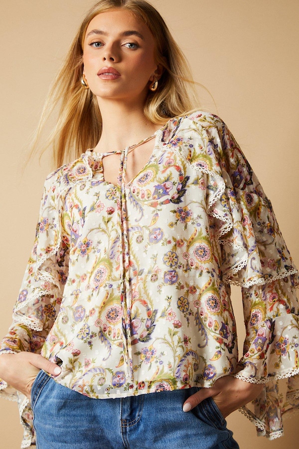 Oasis Boho Ruffle Peplum Blouse Ivory