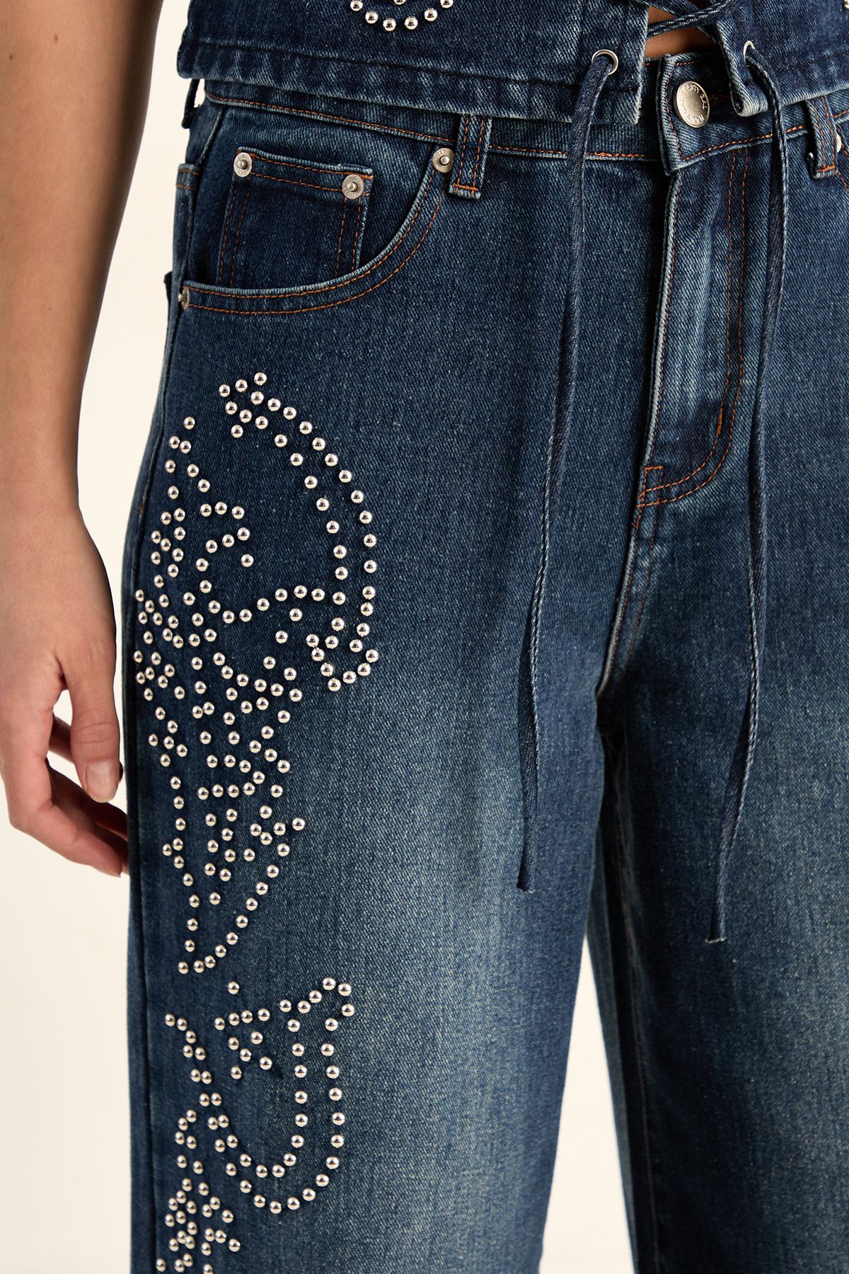 NastyGal Western Baggy Studded Denim Jeans Authentic Midwash image 3