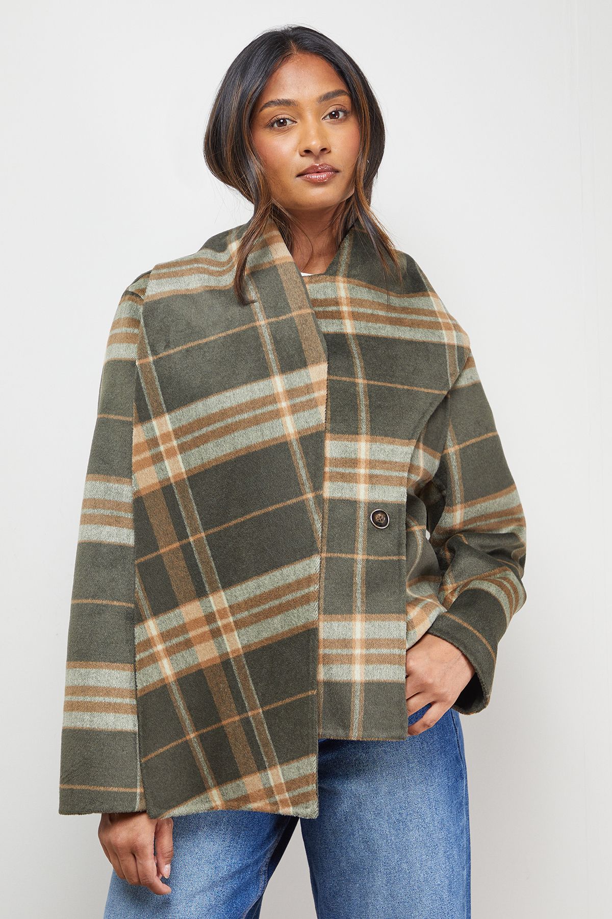 Oasis Check Scarf Longline Jacket Coat Taupe image 4