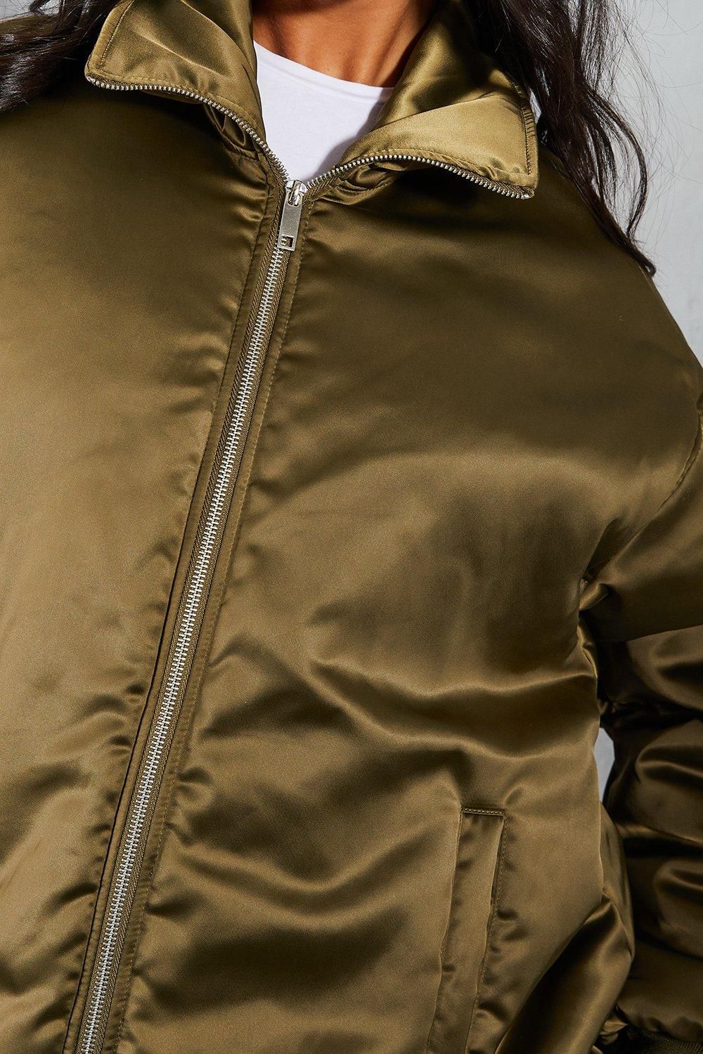 MissPap Oversized Longline Premium Satin Bomber Jacket Khaki image 2