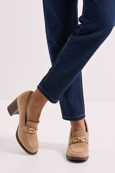 Dorothy Perkins Wide Fit Benita Faux Suede Snaffle Detail High Block Heeled Loafers Beige