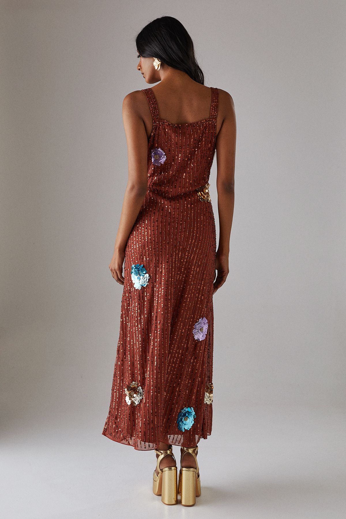 Warehouse Hand Embellished Flower Burst Strappy Sequin Slip Midi Dress Rust image 3