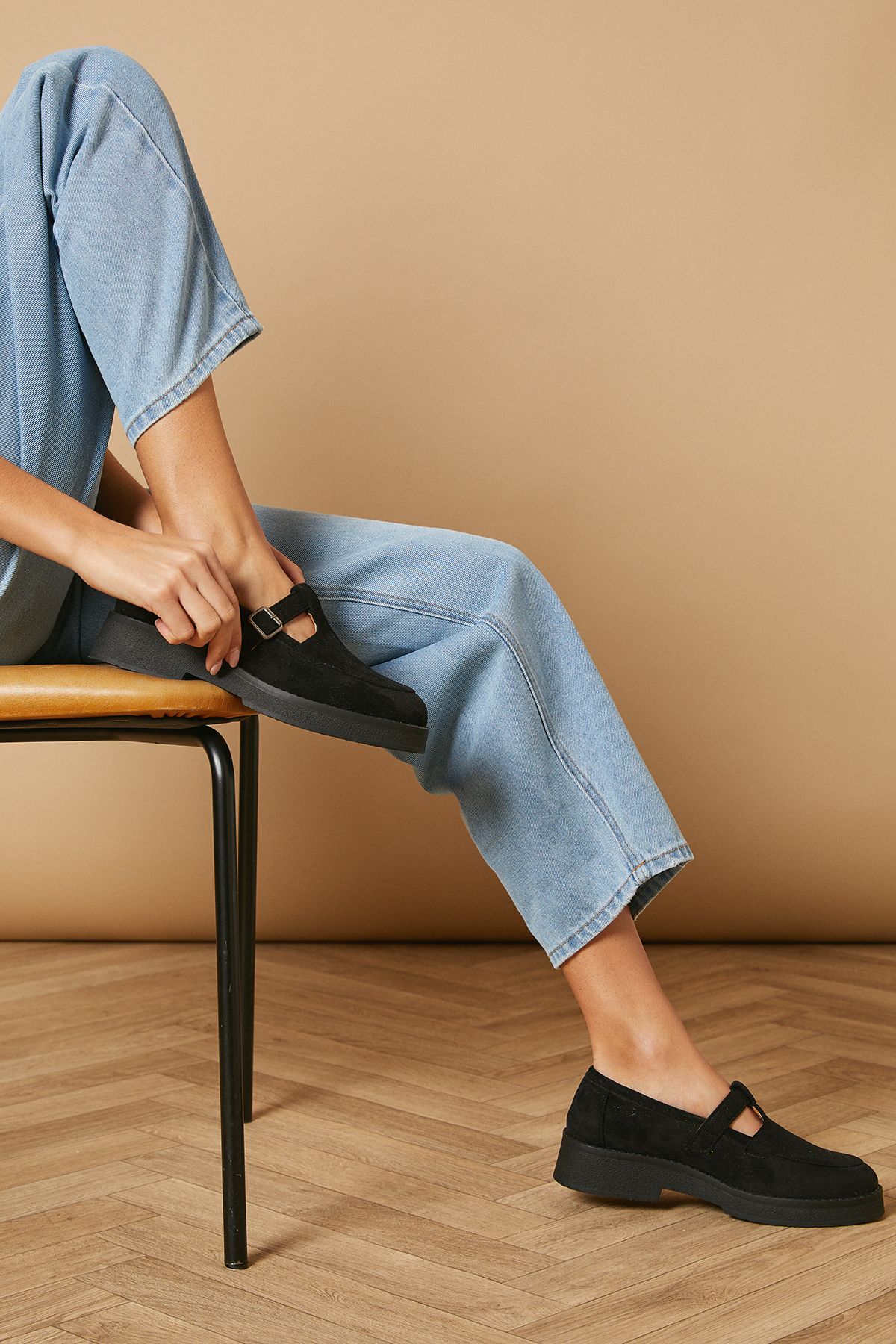 Oasis Edna Faux Suede T-Bar Chunky Casual Shoes Natural Black image 1