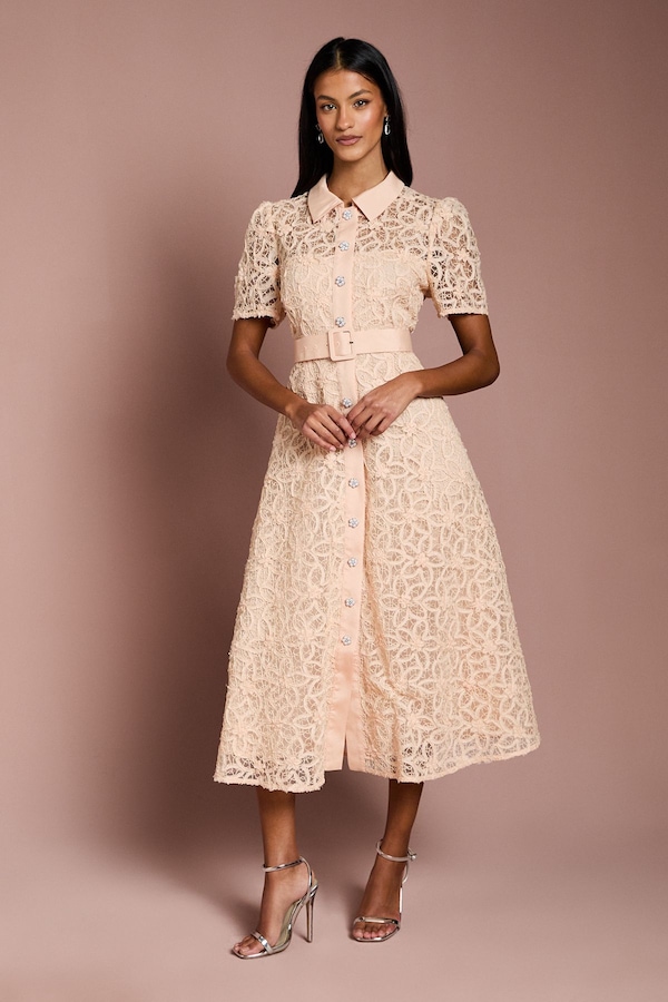 Coast Petite Floral Lace Collared Midi Dress Nude