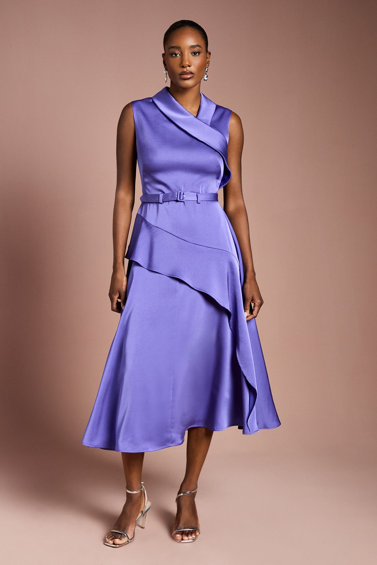 Coast Waterfall Ruffle Belted Satin Midi Dress Purple image 1