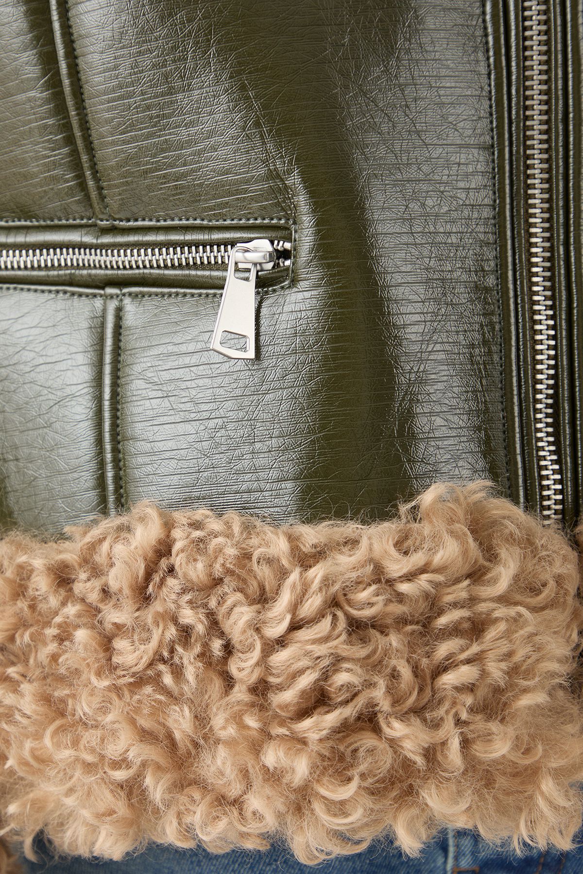 MissPap Premium Faux Fur Collar Vinyl Aviator Jacket Olive image 5