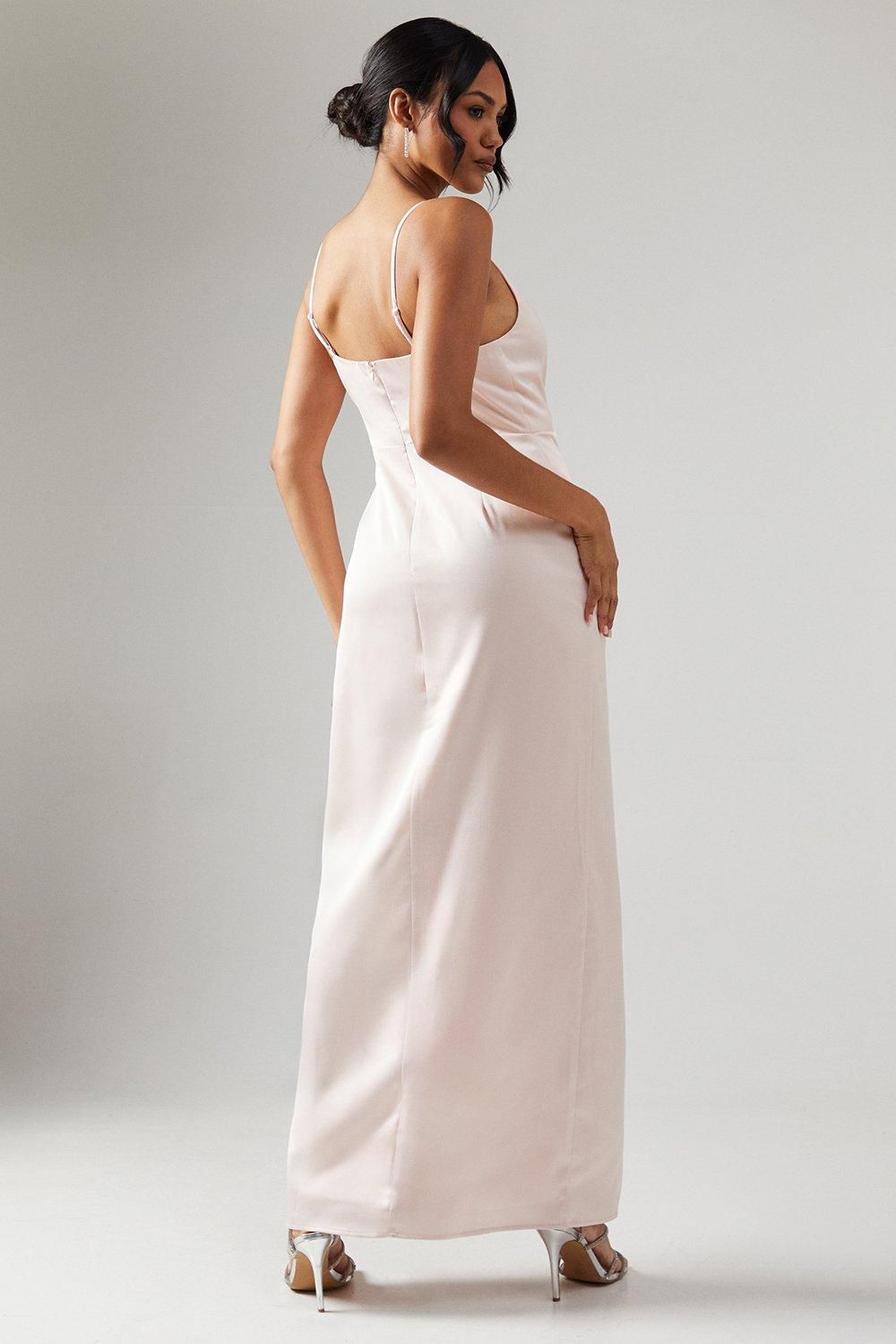 Oasis Ruche Side Strappy Satin Maxi Bridesmaid Dress Blush image 3