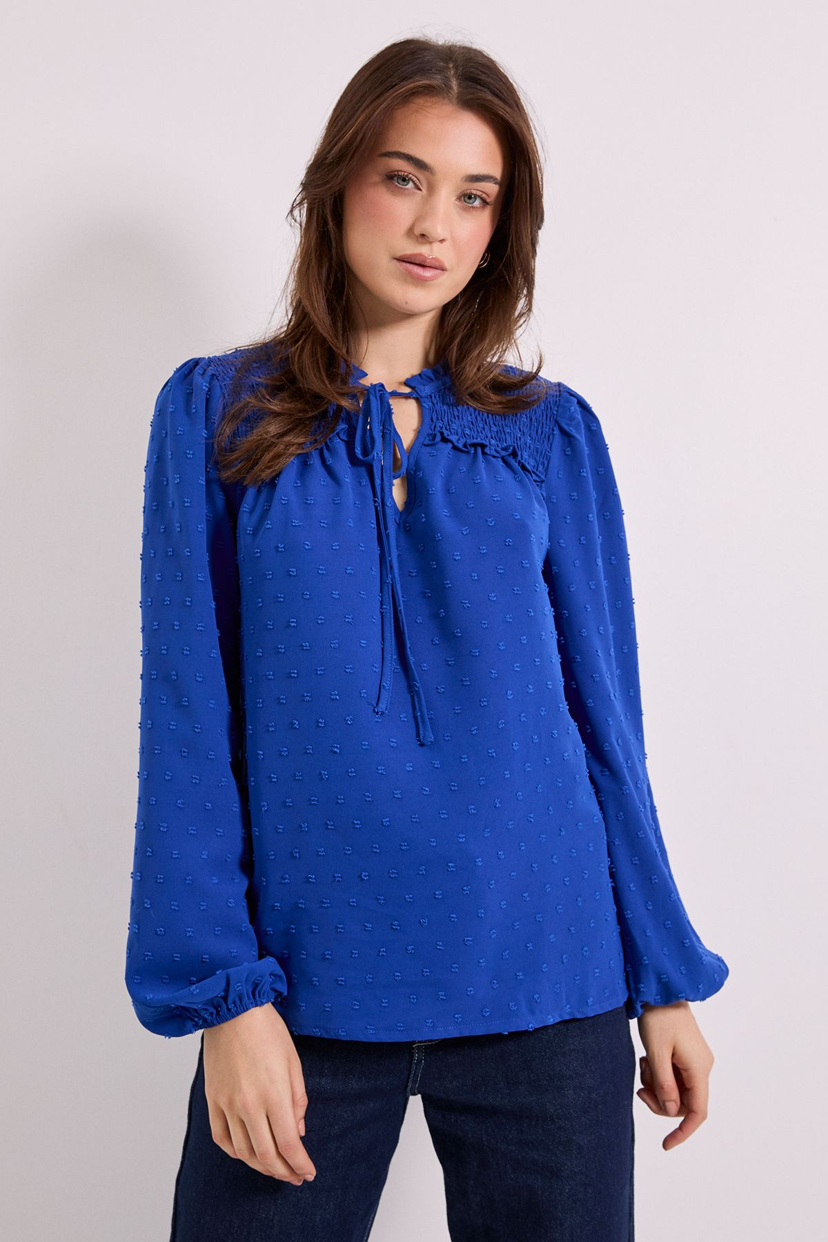 Dorothy Perkins Tie Neck Long Sleeve Blouse Cobalt