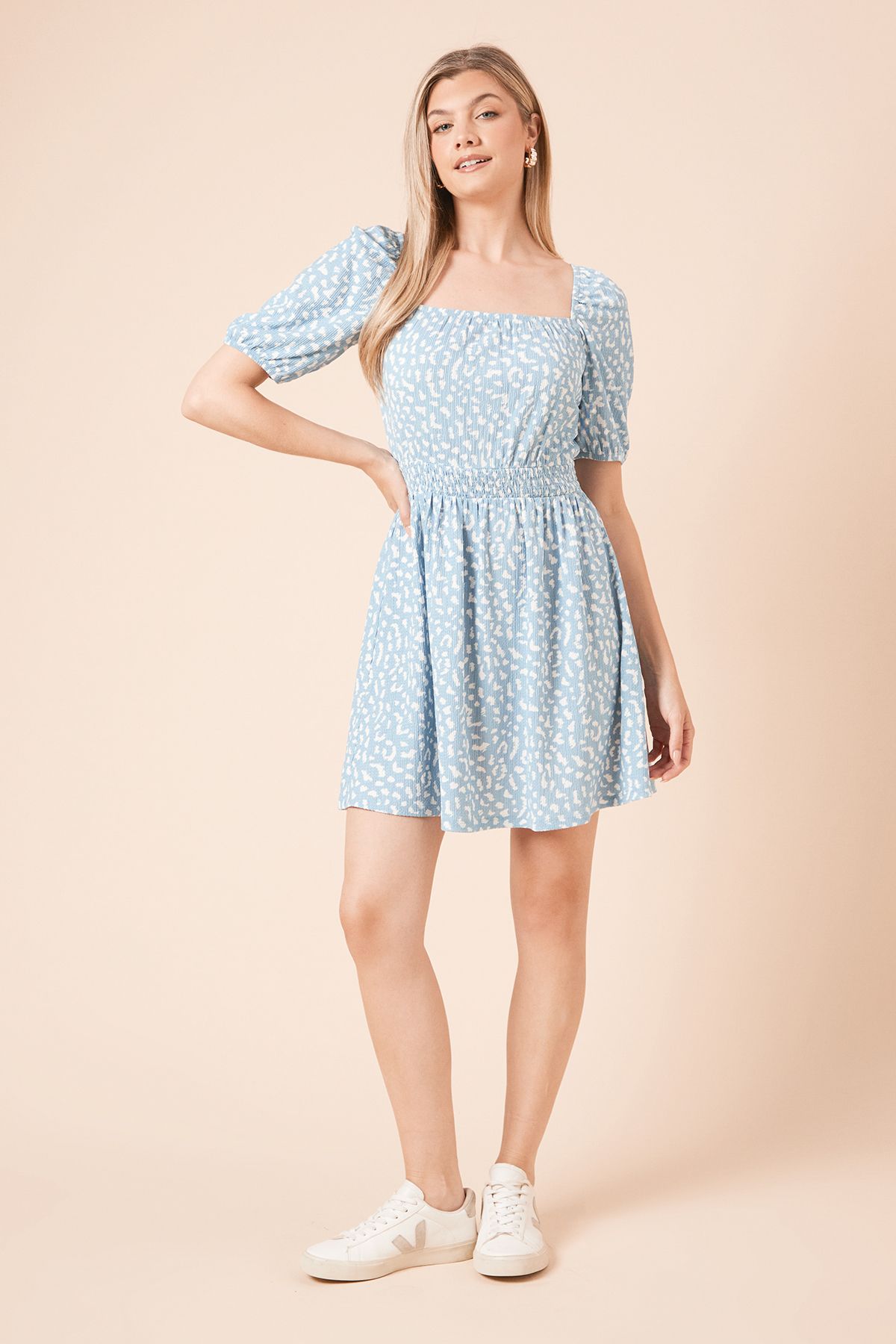 Dorothy Perkins Leopard Puff Sleeve Ruched Bust Jersey Mini Dress Blue image 1