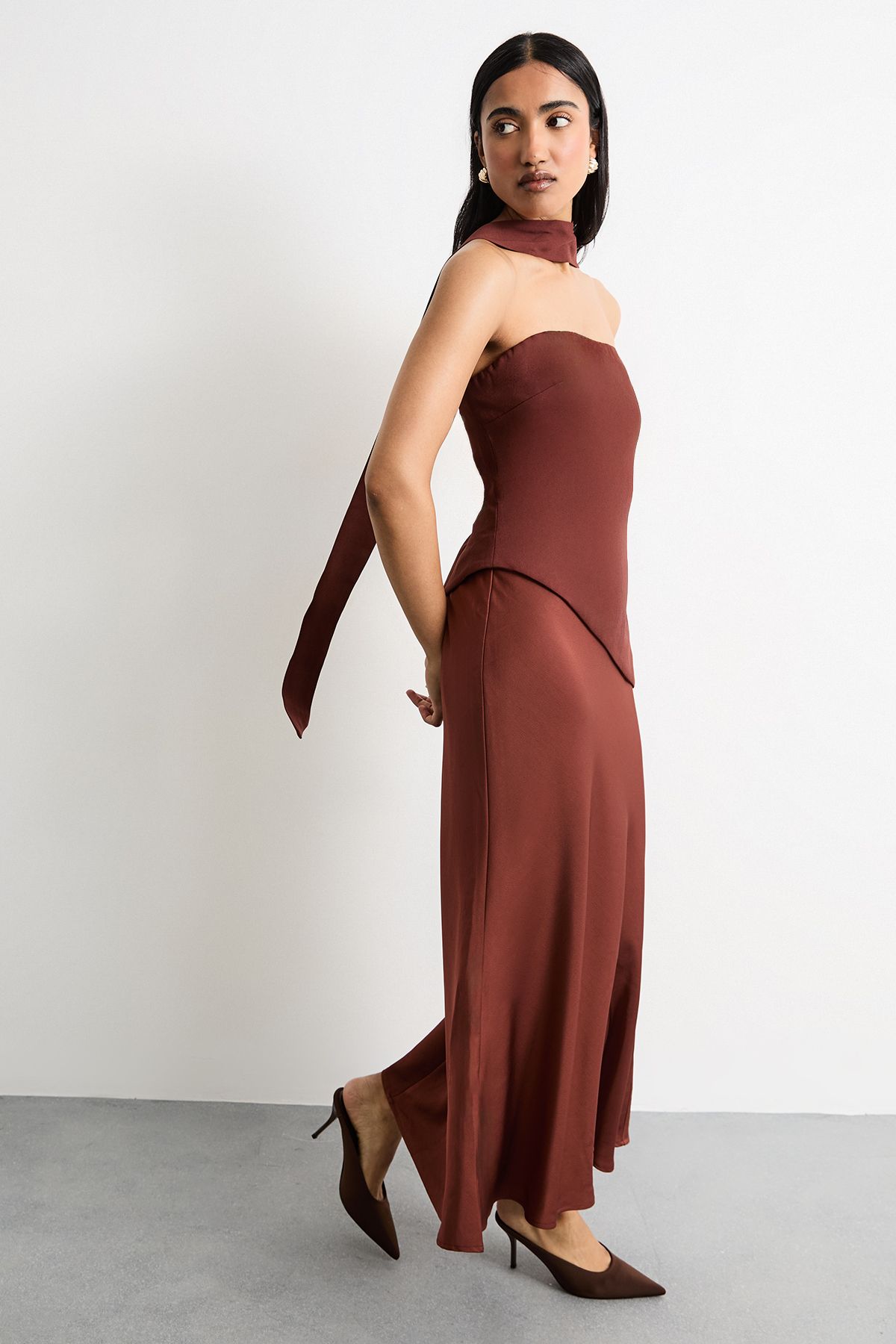 Warehouse Strapless Structured Bodice Satin Midi Dress Chocolate image 1