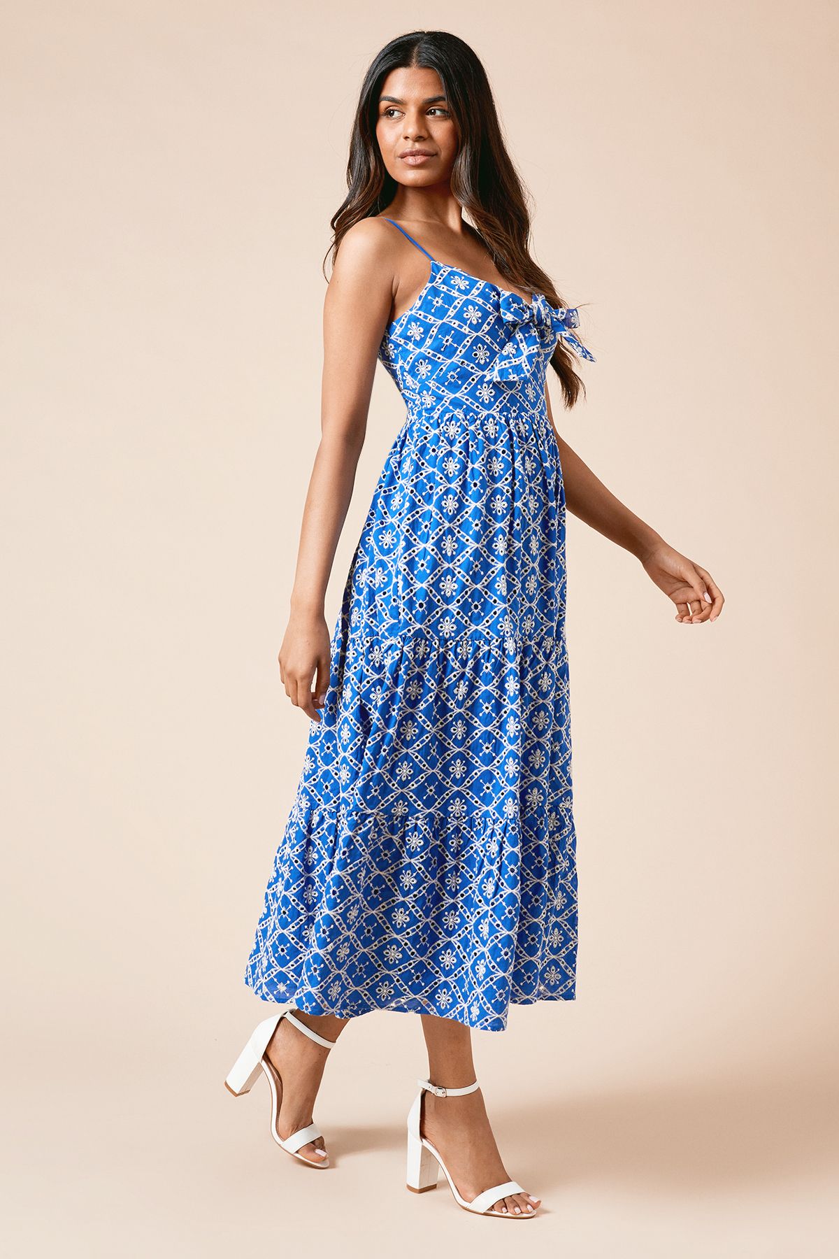 Dorothy Perkins Petite Tie Front Broderie Midi Dress Cobalt