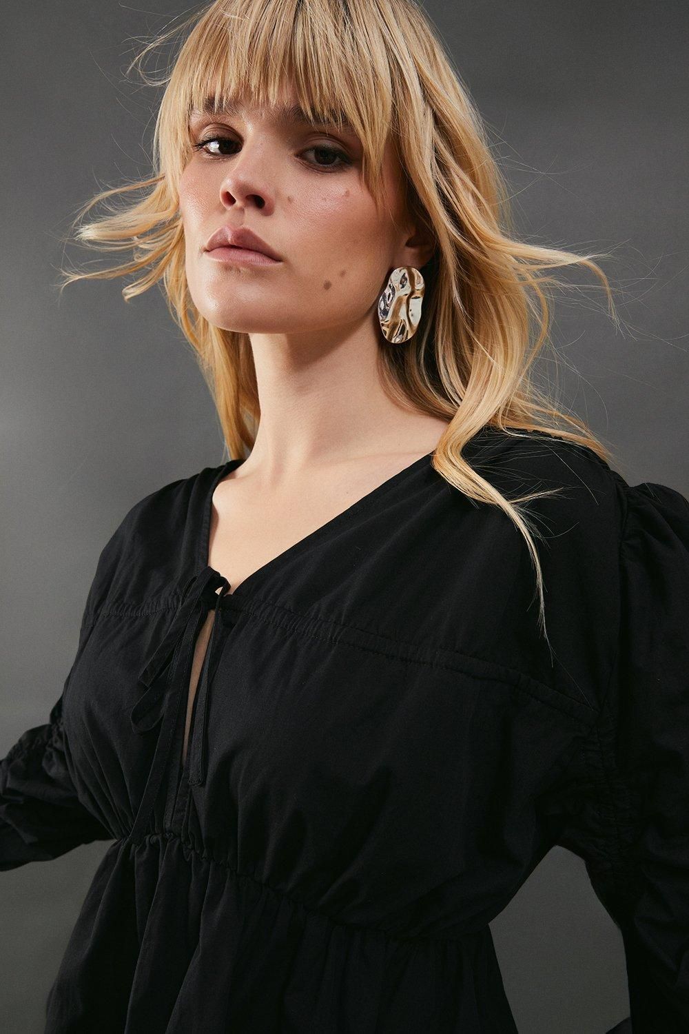 Warehouse Cotton Tie Front Volume Sleeve Blouse Black image 4