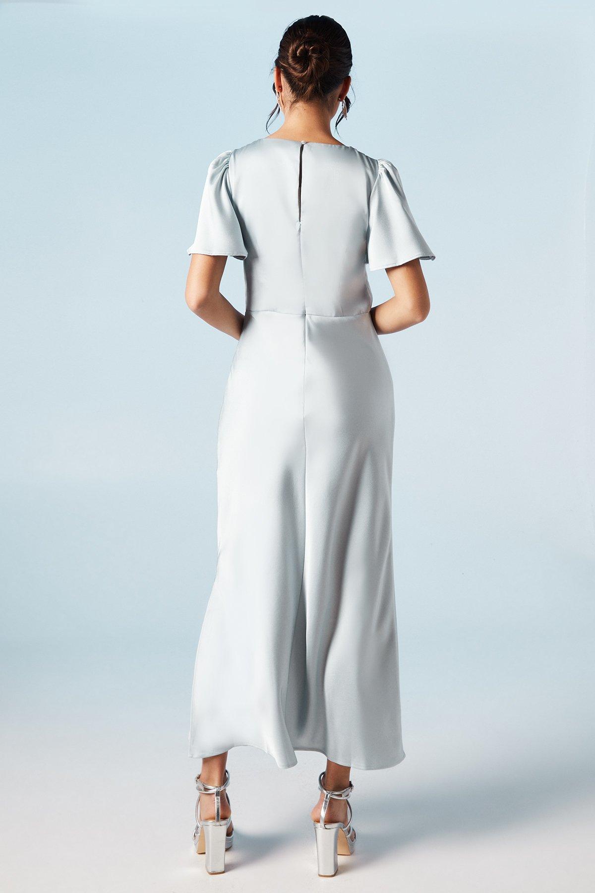 Oasis Satin Twist Front Angel Sleeve Midi Bridesmaids Dress Light Blue image 3