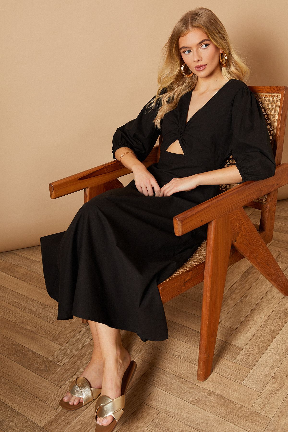 Oasis Cotton Poplin Knot Front Puff Sleeve Midi Dress Black image 1