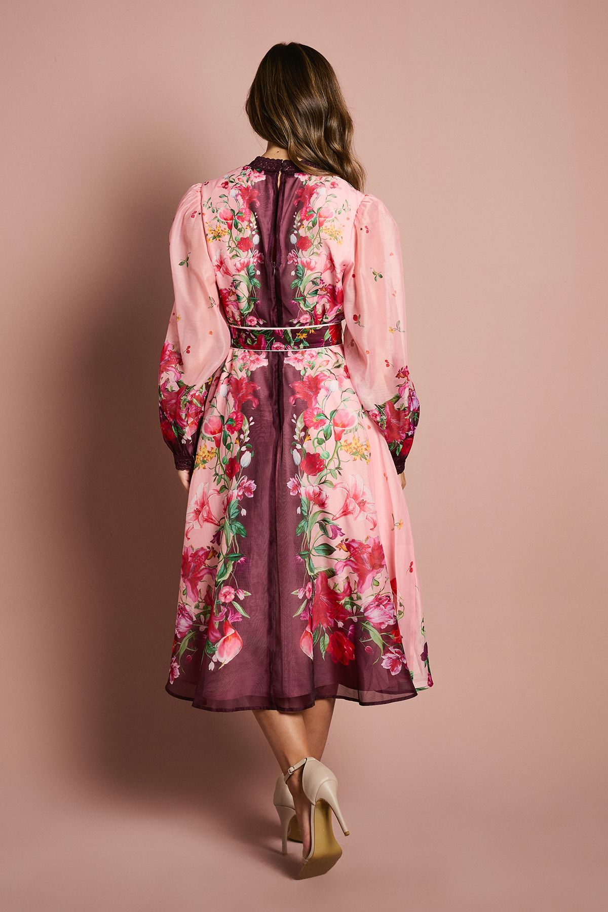 Coast Long Sleeve Organza Midi Dress With Belt Pink image 3
