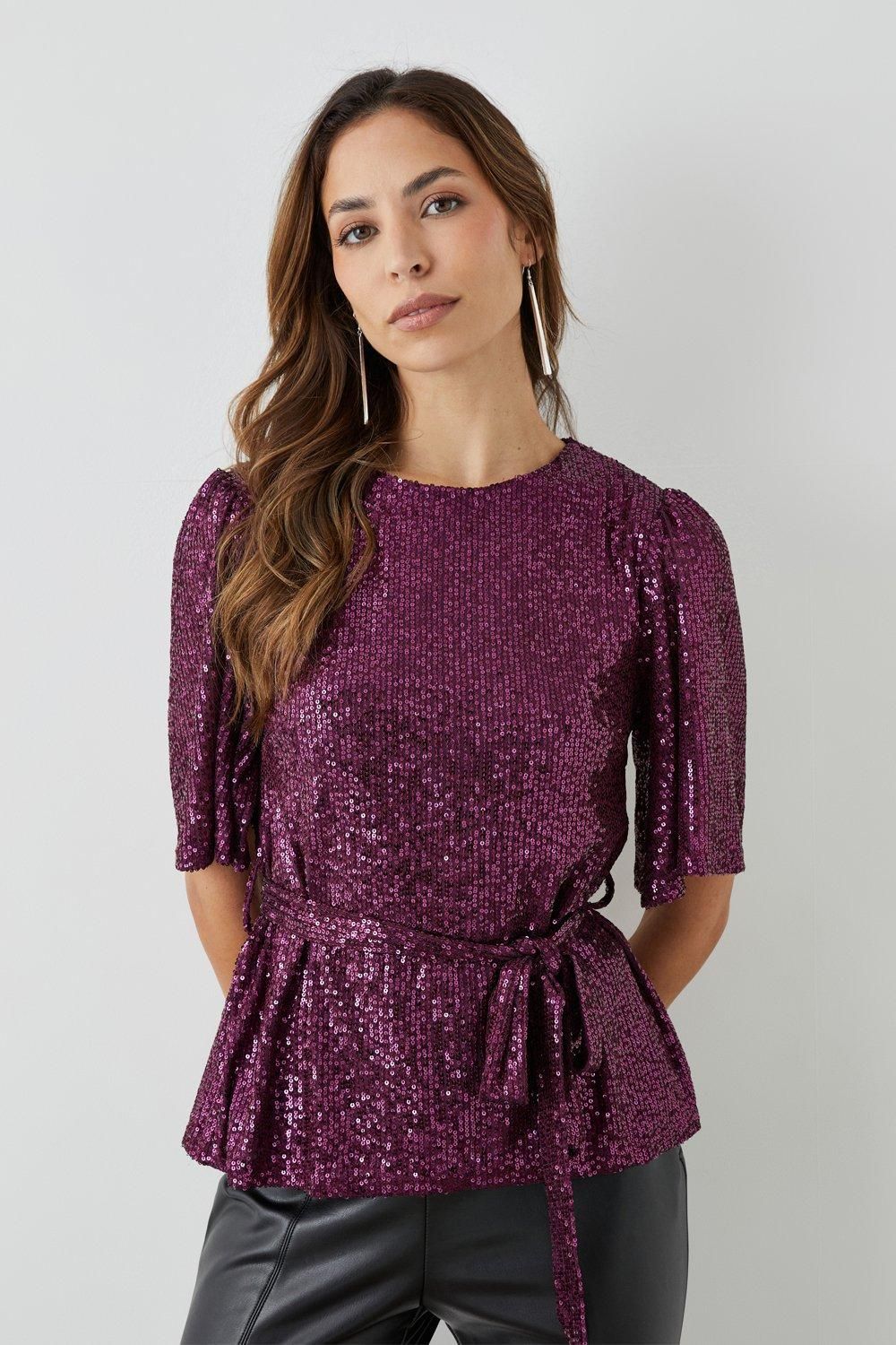 Principles Sequin Belted Top Plum