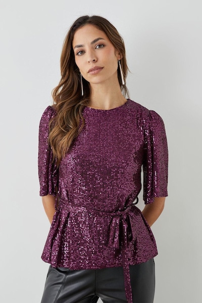 Principles Sequin Belted Top Plum