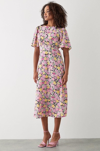 Dorothy Perkins Pink Floral Flutter Sleeve Shirred Waist Midi Dress Pink