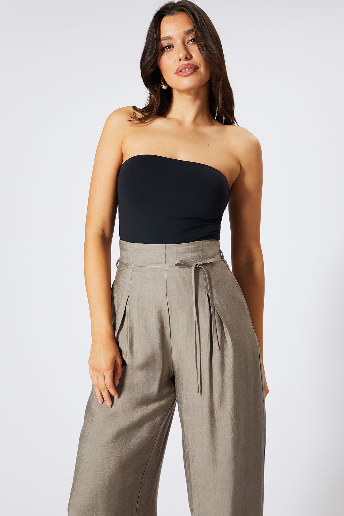 MissPap Linen Look Wide Leg Paper Bag Waist Trousers Taupe image 3