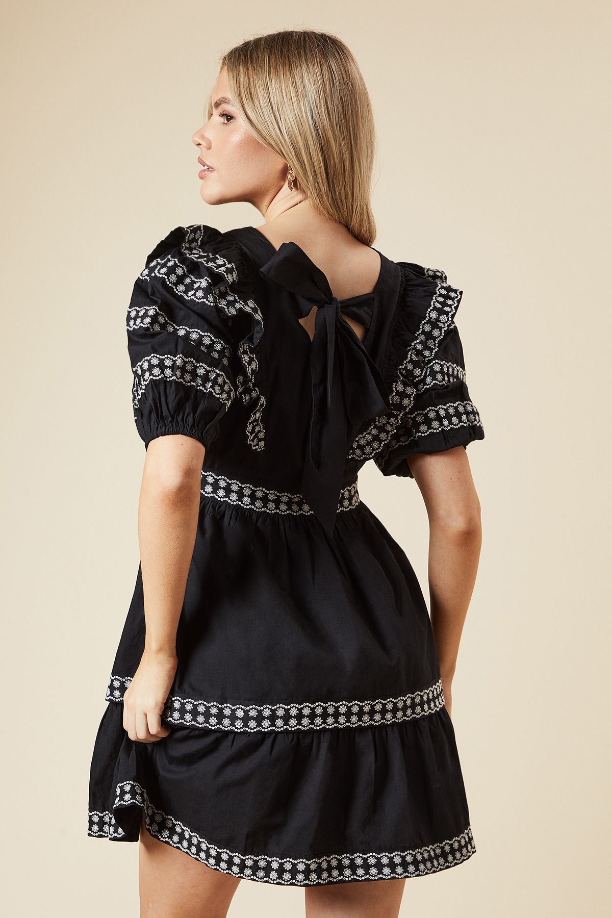 Dorothy Perkins Embroidered Trim Ruffle Shoulder Mini Dress Black image 3