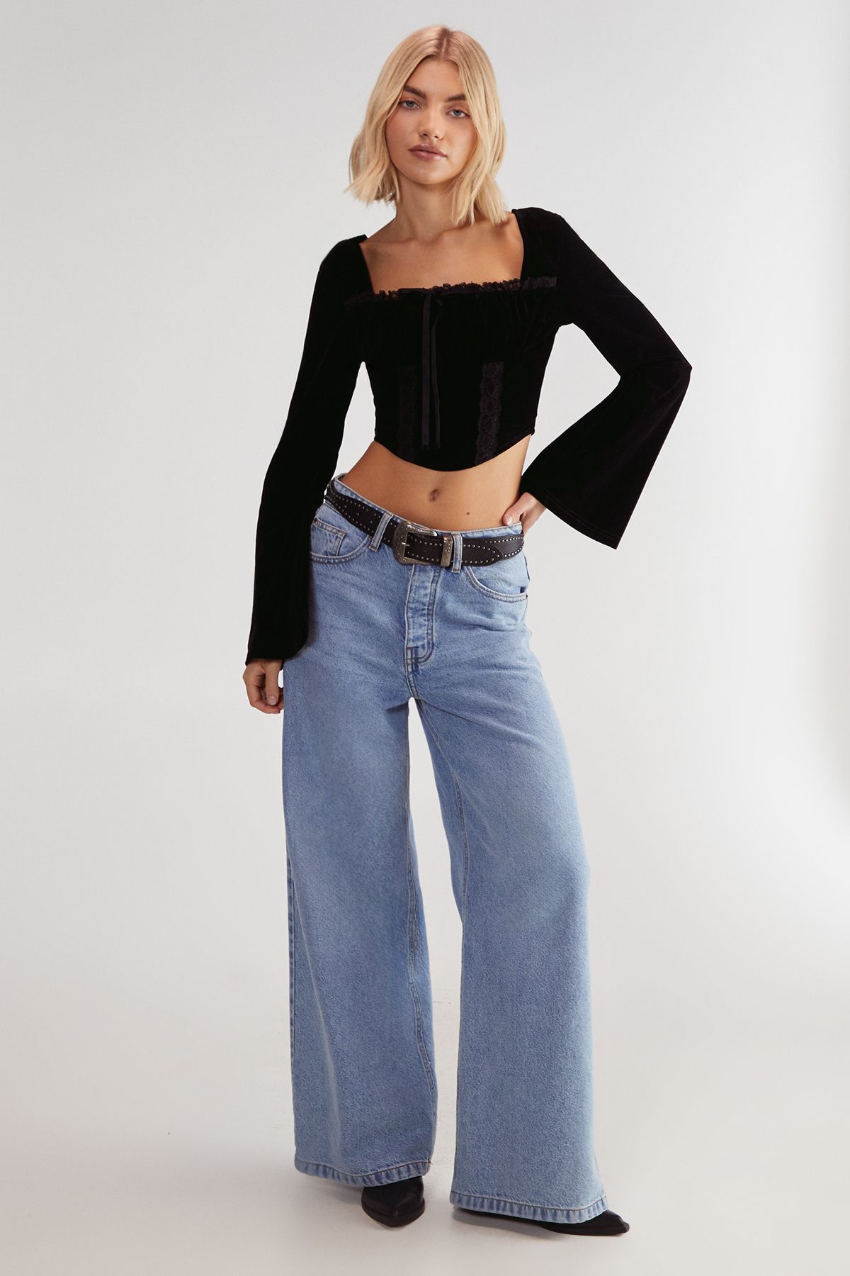 NastyGal Velvet Lace Trim Tie Long Sleeve Corset Top Black image 2