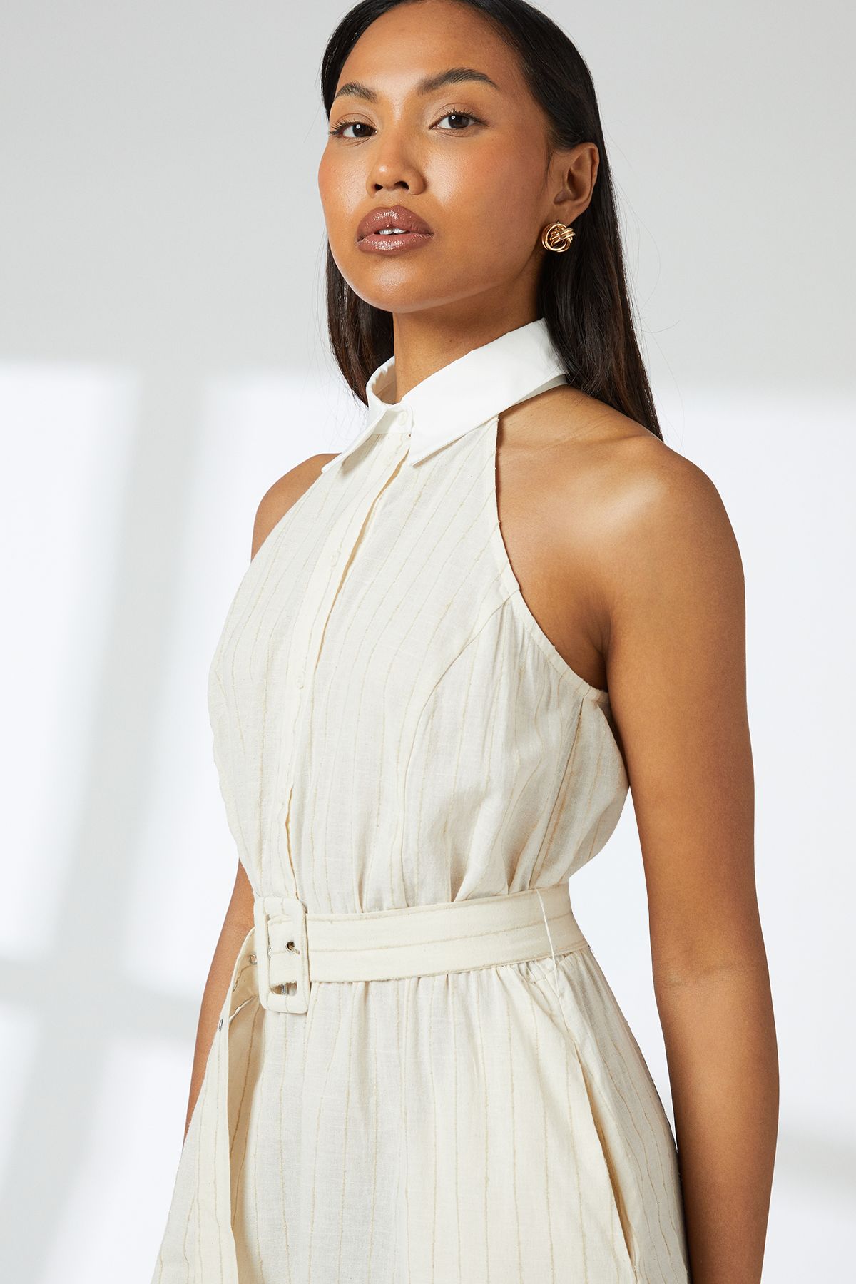 Principles Sand Pinstripe Collared Halterneck Midi Dress Sand image 5