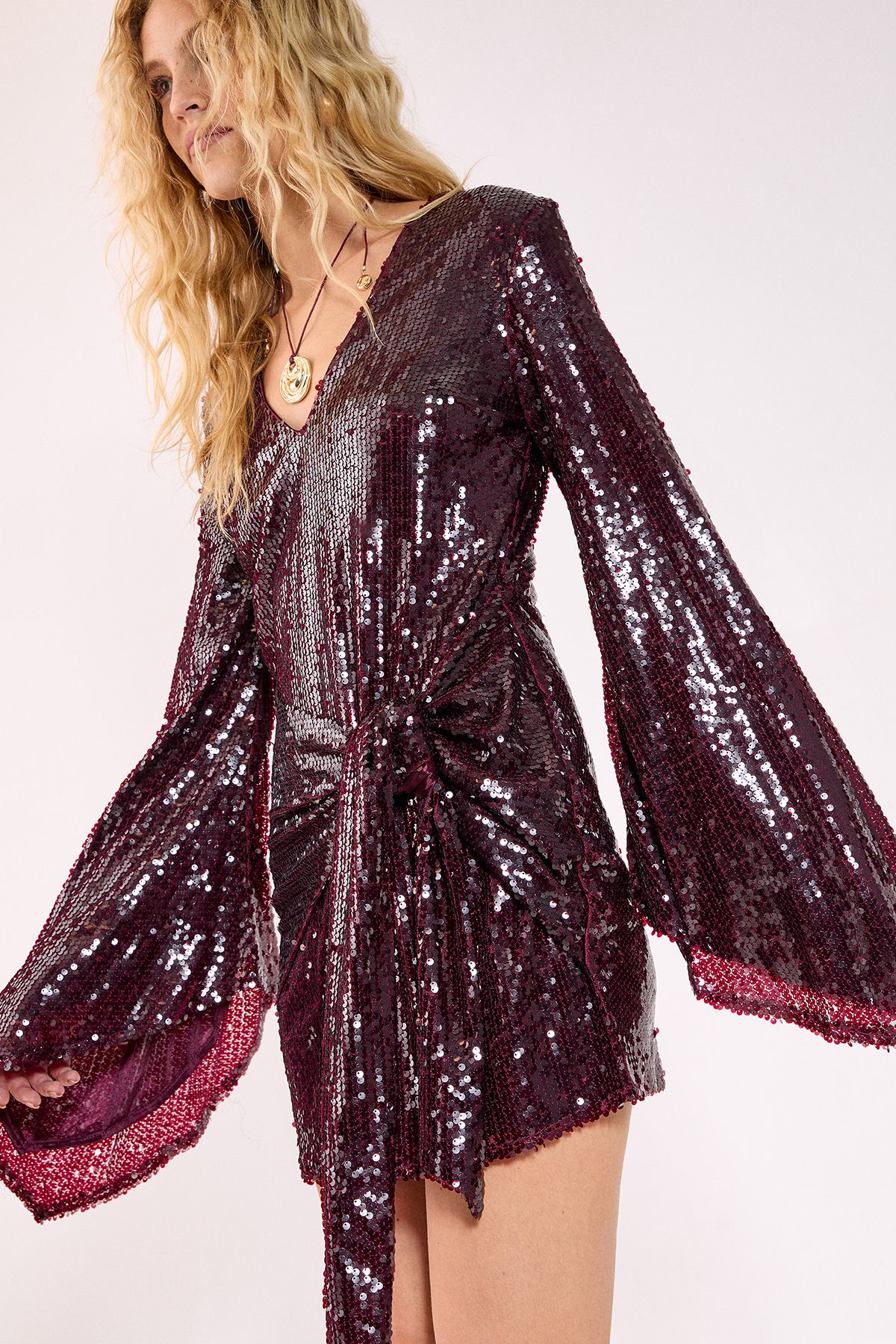 NastyGal Sequin Flared Sleeve Tie Front Mini Dress Burgundy