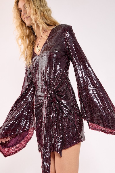 NastyGal Sequin Flared Sleeve Tie Front Mini Dress Burgundy