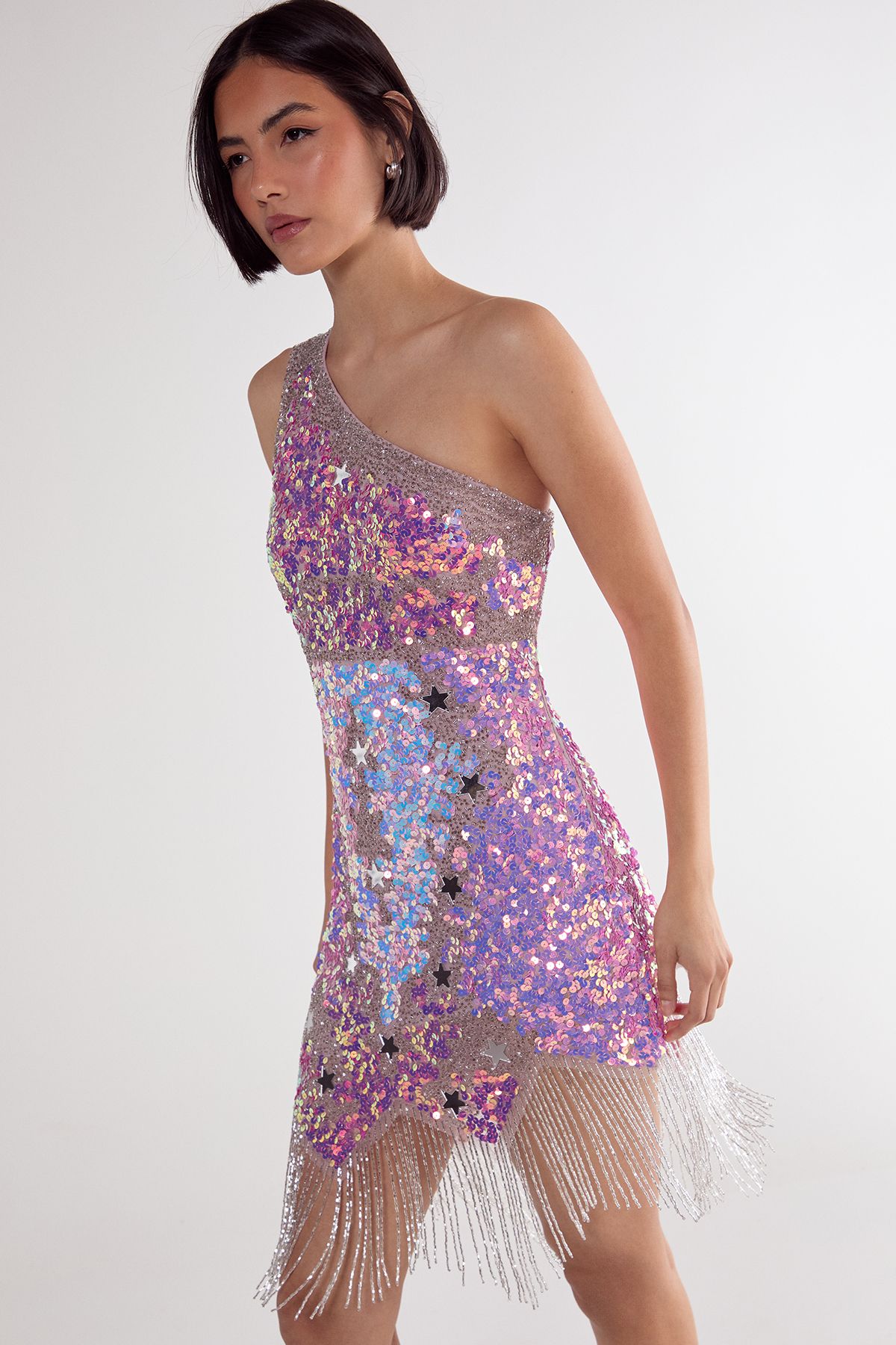 NastyGal Star Sequin Tassel One Shoulder Mini Dress Pink image 2