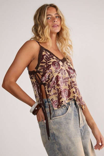 NastyGal Floral Devore Lace Trim Tie Side Cami Top Tan