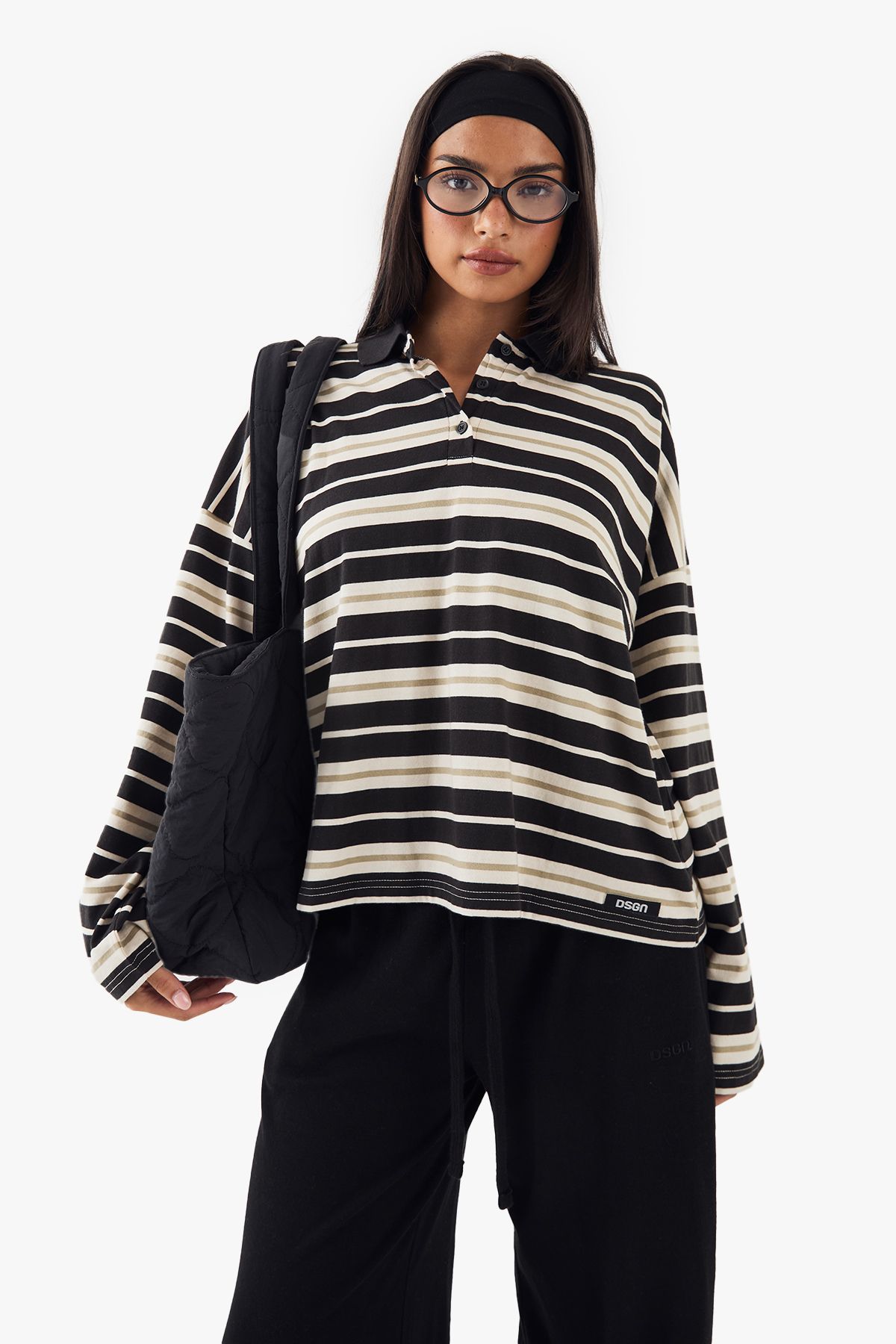 DSGN Studio DSGN Studio Stripe Collared Oversized Top Black image 1