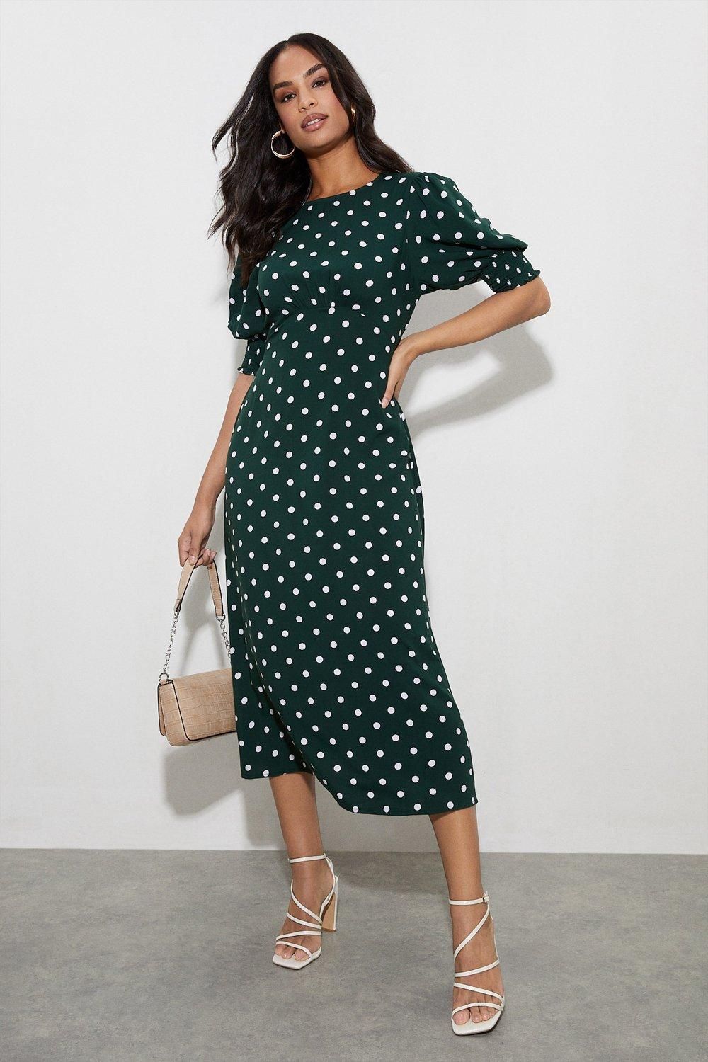 Dorothy Perkins Green Spot Shirred Cuff Midi Dress Green image 2